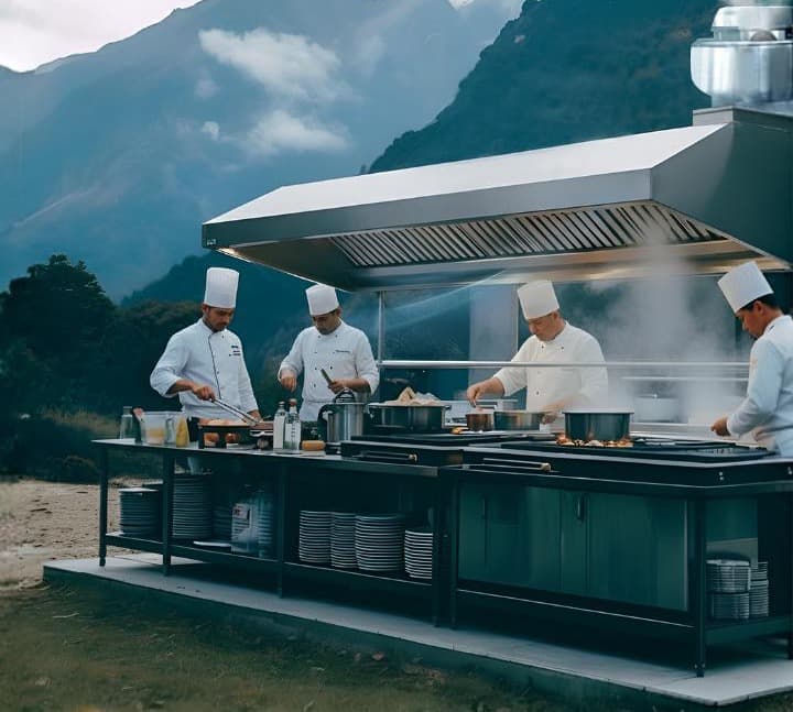 Chefs cooking under a clean stainless exhaust hood with mountains behind