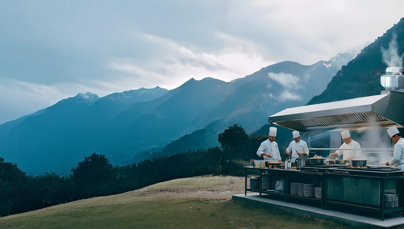 Chefs cooking beneath a stainless commercial exhaust hood on a misty mountainside